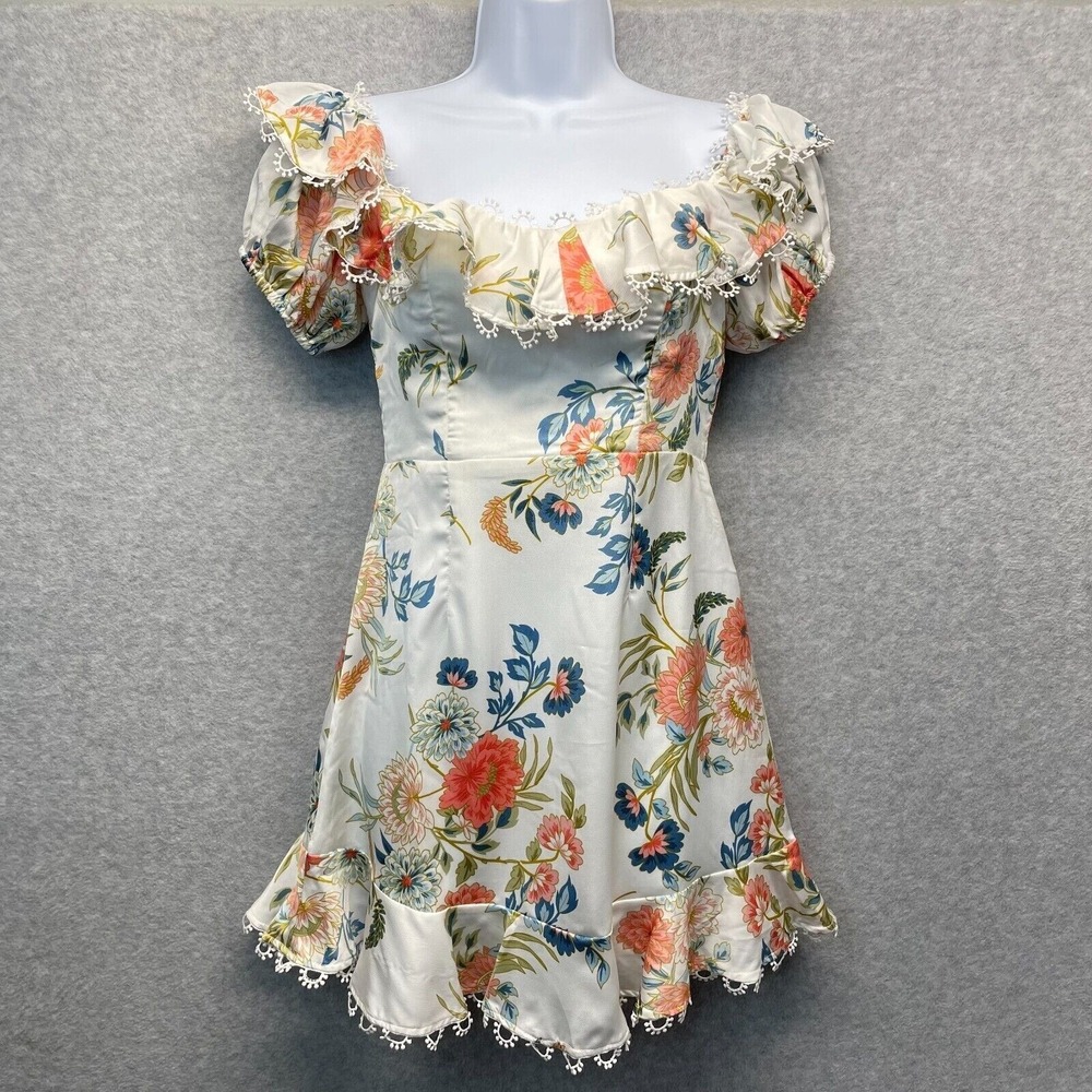 Saints + Secrets Floral Dress Womens Small White Ruffle Off Shoulder Puff Sleeve